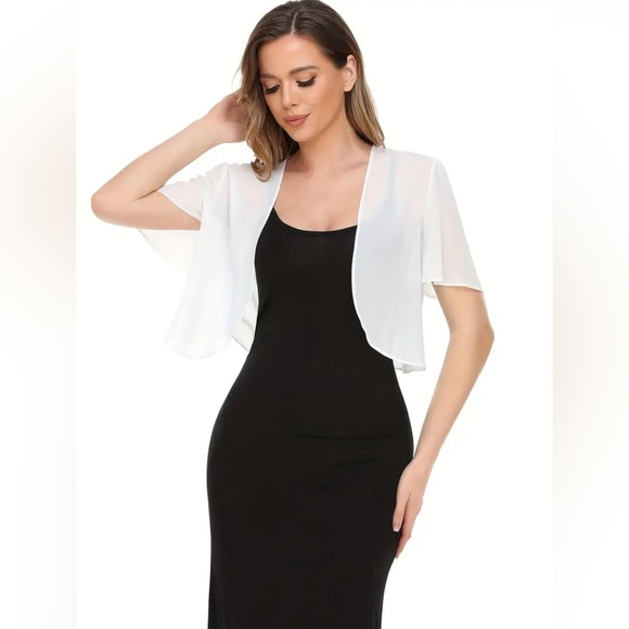 NWOT white Solid Open Front Blouse, Elegant Semi-Sheer Short Sleeve - Picture 6 of 6